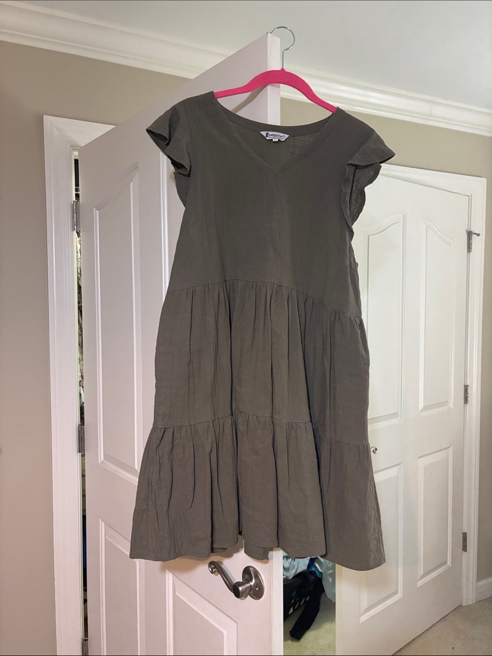 Tiered V-Neck Flutter Sleeve Dress - Olive